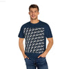 Man wearing a patterned t-shirt.