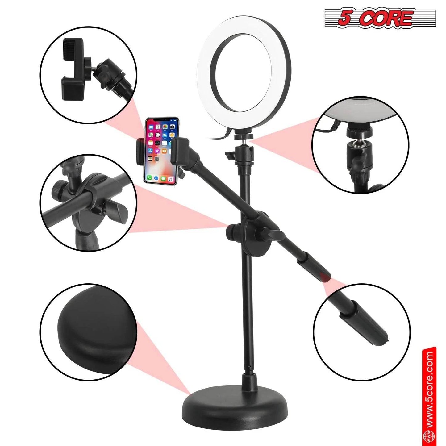 Adjustable 5Core 6 Inch Ring Light with Phone Stand - Estalios
