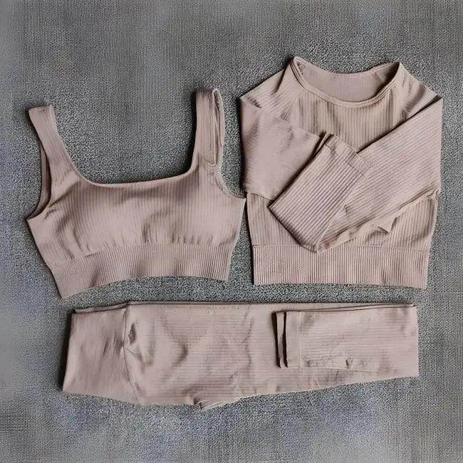 Vibrant Pink and Beige Ribbed Workout Set for Active Women - Estalios