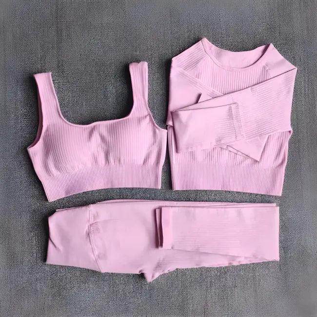 Vibrant Pink and Beige Ribbed Workout Set for Active Women - Estalios
