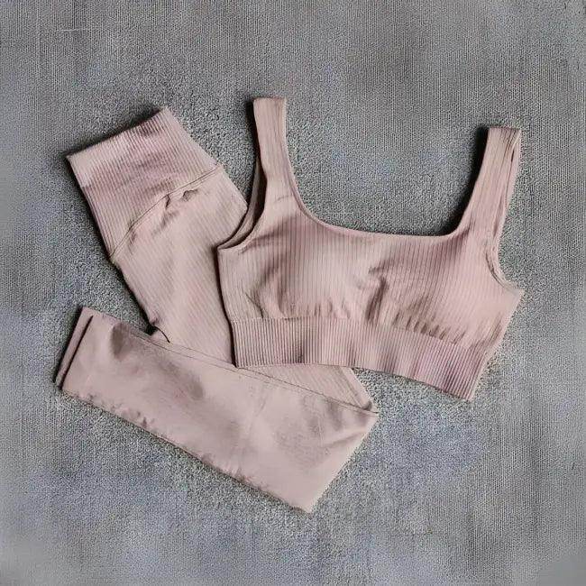 Vibrant Pink and Beige Ribbed Workout Set for Active Women - Estalios