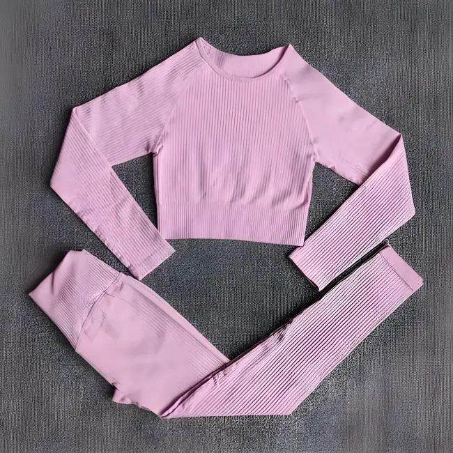 Vibrant Pink and Beige Ribbed Workout Set for Active Women - Estalios
