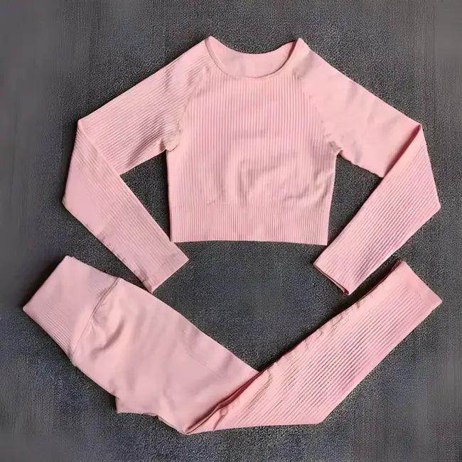 Vibrant Pink and Beige Ribbed Workout Set for Active Women - Estalios