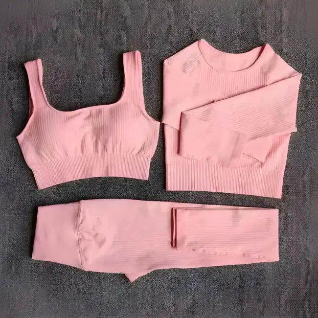 Vibrant Pink and Beige Ribbed Workout Set for Active Women - Estalios