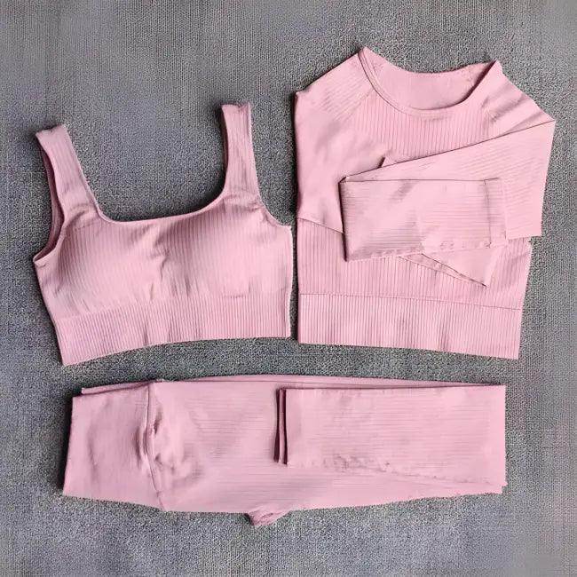 Vibrant Pink and Beige Ribbed Workout Set for Active Women - Estalios