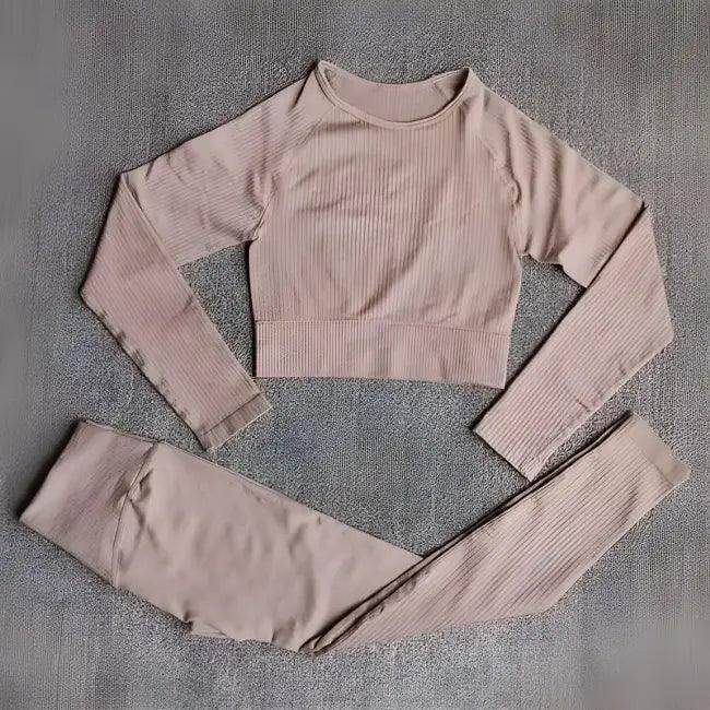 Vibrant Pink and Beige Ribbed Workout Set for Active Women - Estalios
