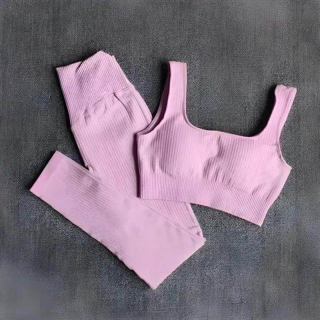 Vibrant Pink and Beige Ribbed Workout Set for Active Women - Estalios