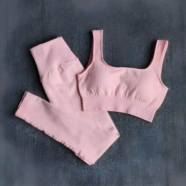 Vibrant Pink and Beige Ribbed Workout Set for Active Women - Estalios