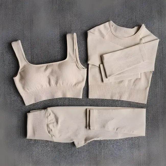 Vibrant Pink and Beige Ribbed Workout Set for Active Women - Estalios