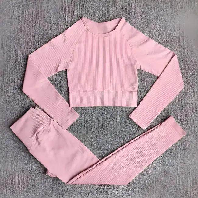 Vibrant Pink and Beige Ribbed Workout Set for Active Women - Estalios