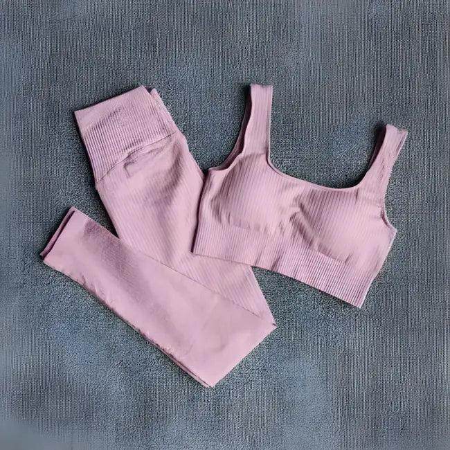 Vibrant Pink and Beige Ribbed Workout Set for Active Women - Estalios