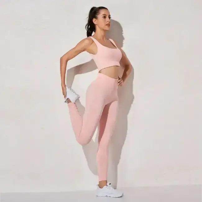Vibrant Pink and Beige Ribbed Workout Set for Active Women - Estalios