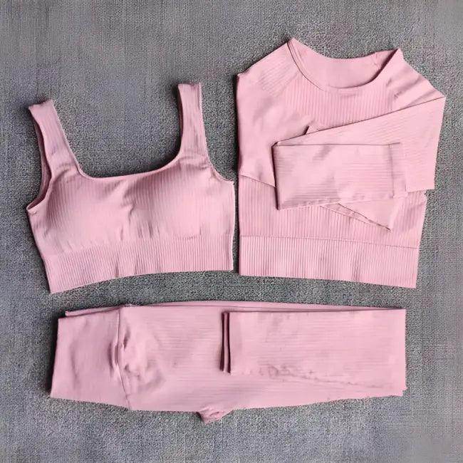 Vibrant Pink and Beige Ribbed Workout Set for Active Women - Estalios