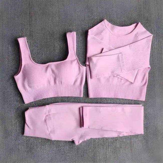 Vibrant Pink and Beige Ribbed Workout Set for Active Women - Estalios