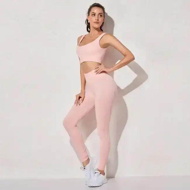 Vibrant Pink and Beige Ribbed Workout Set for Active Women - Estalios