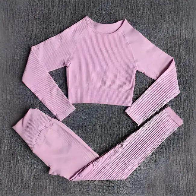 Vibrant Pink and Beige Ribbed Workout Set for Active Women - Estalios