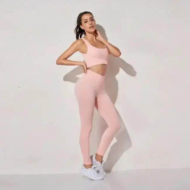Vibrant Pink and Beige Ribbed Workout Set for Active Women - Estalios