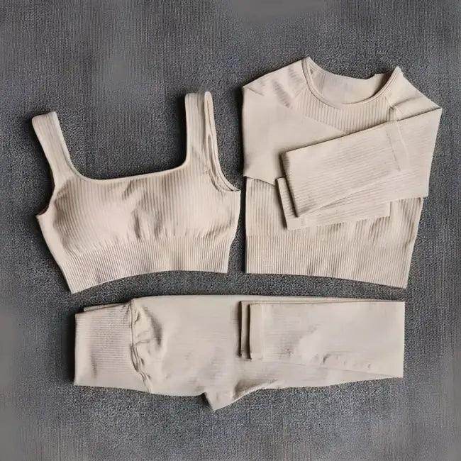 Vibrant Pink and Beige Ribbed Workout Set for Active Women - Estalios