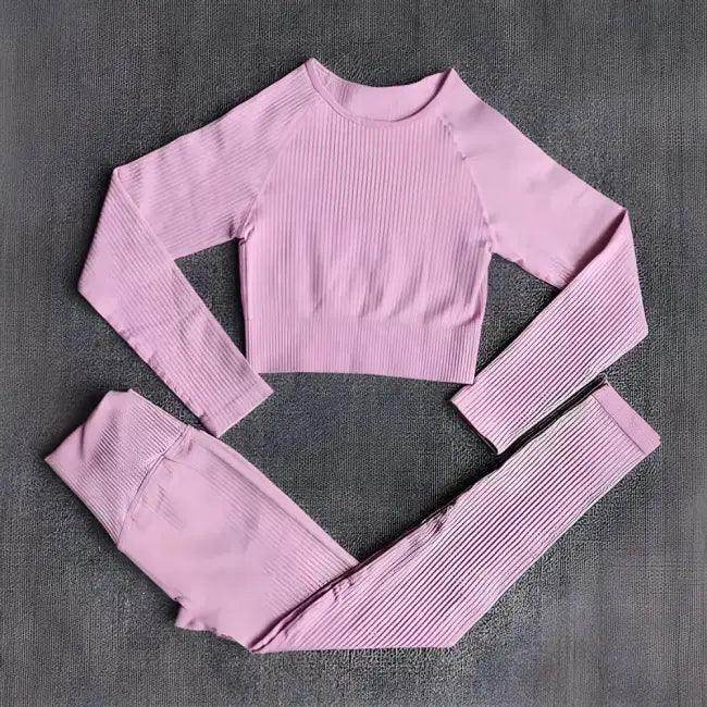 Vibrant Pink and Beige Ribbed Workout Set for Active Women - Estalios