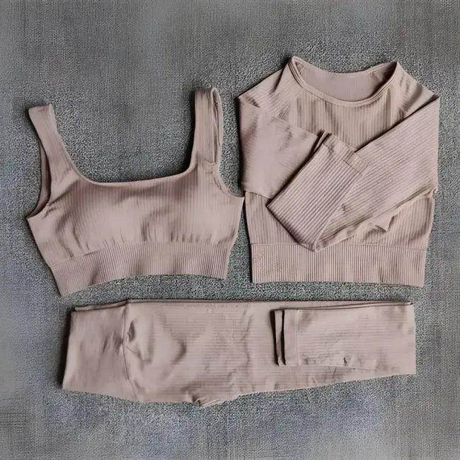 Vibrant Pink and Beige Ribbed Workout Set for Active Women - Estalios