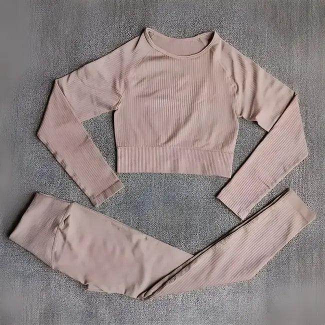 Vibrant Pink and Beige Ribbed Workout Set for Active Women - Estalios