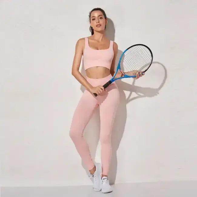 Vibrant Pink and Beige Ribbed Workout Set for Active Women - Estalios