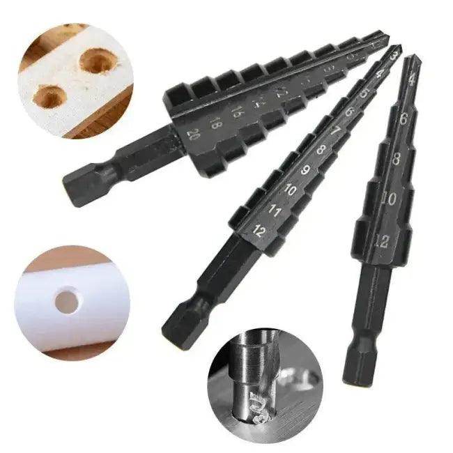Black Hexagonal Shank Straight Slot Step Drill Bit Set of Three for Precision Metalwork - Estalios