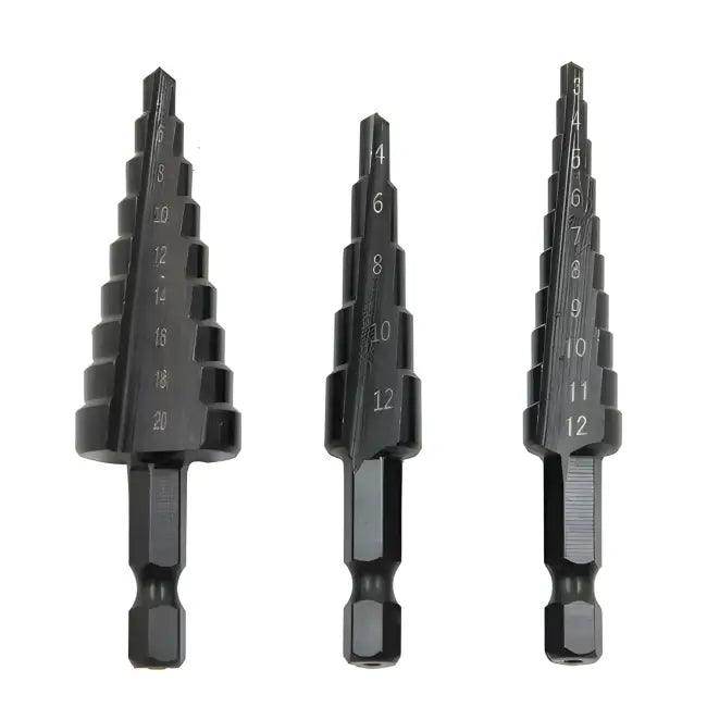 Black Hexagonal Shank Straight Slot Step Drill Bit Set of Three for Precision Metalwork - Estalios