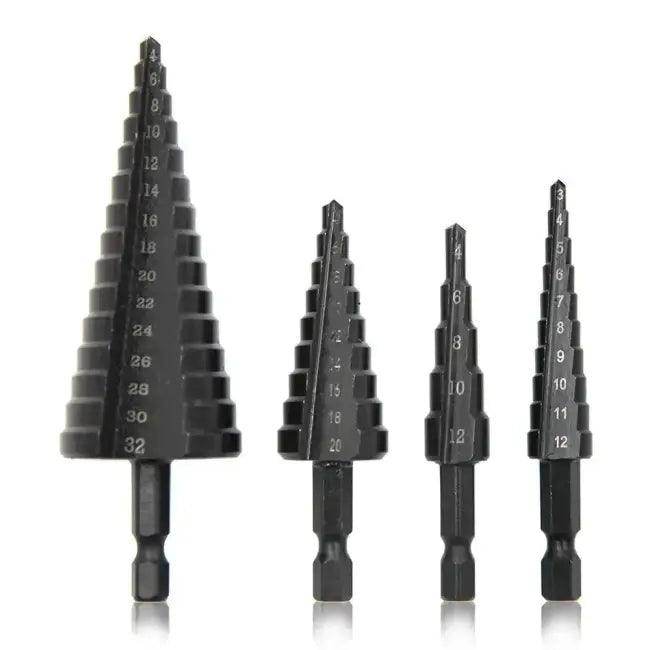 Black Hexagonal Shank Straight Slot Step Drill Bit Set of Three for Precision Metalwork - Estalios