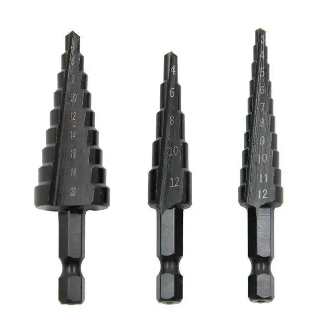 Black Hexagonal Shank Straight Slot Step Drill Bit Set of Three for Precision Metalwork - Estalios