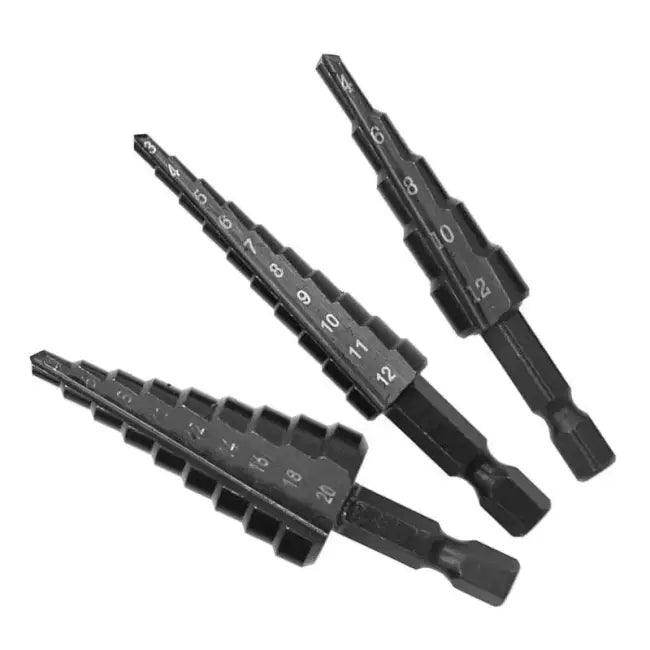 Black Hexagonal Shank Straight Slot Step Drill Bit Set of Three for Precision Metalwork - Estalios