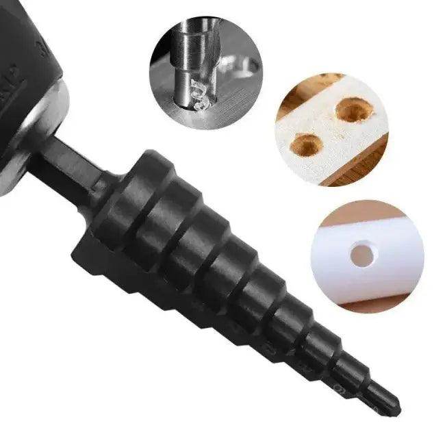 Black Hexagonal Shank Straight Slot Step Drill Bit Set of Three for Precision Metalwork - Estalios