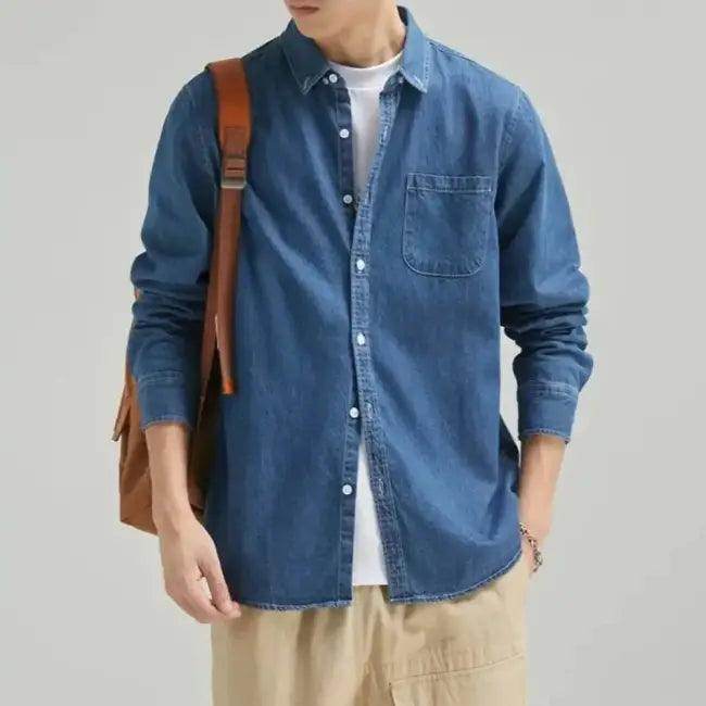Effortless Style: Brown Leather Backpack & Denim Shirt - Estalios