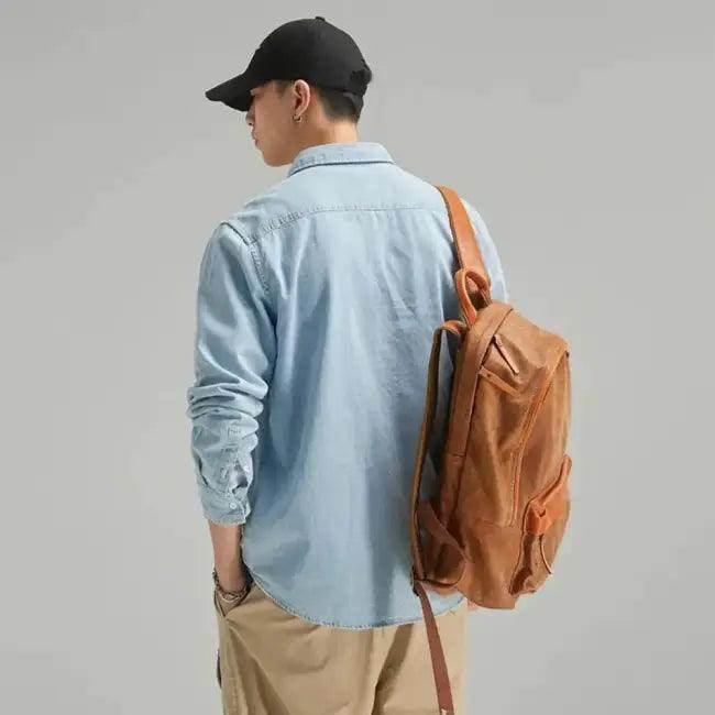 Effortless Style: Brown Leather Backpack & Denim Shirt - Estalios