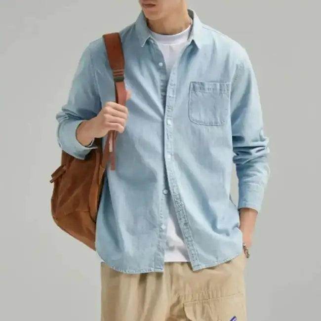 Effortless Style: Brown Leather Backpack & Denim Shirt - Estalios