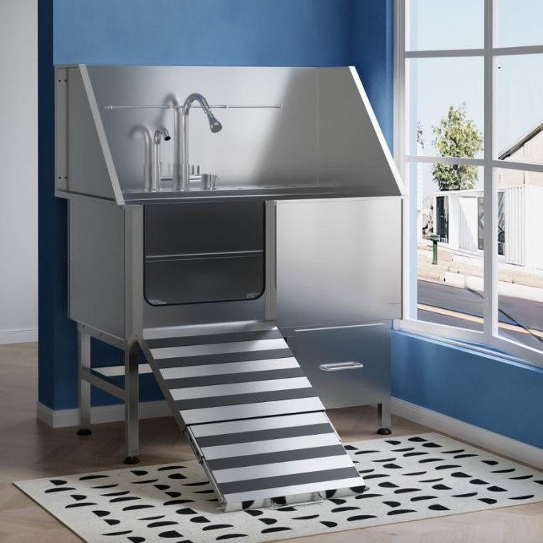 Stainless Steel Dog Bath Table with Ramp and Accessories - Estalios