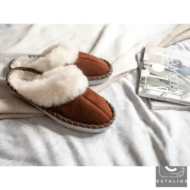Cozy Chic Brown Suede Slippers with Plush White Fur Trim - Estalios
