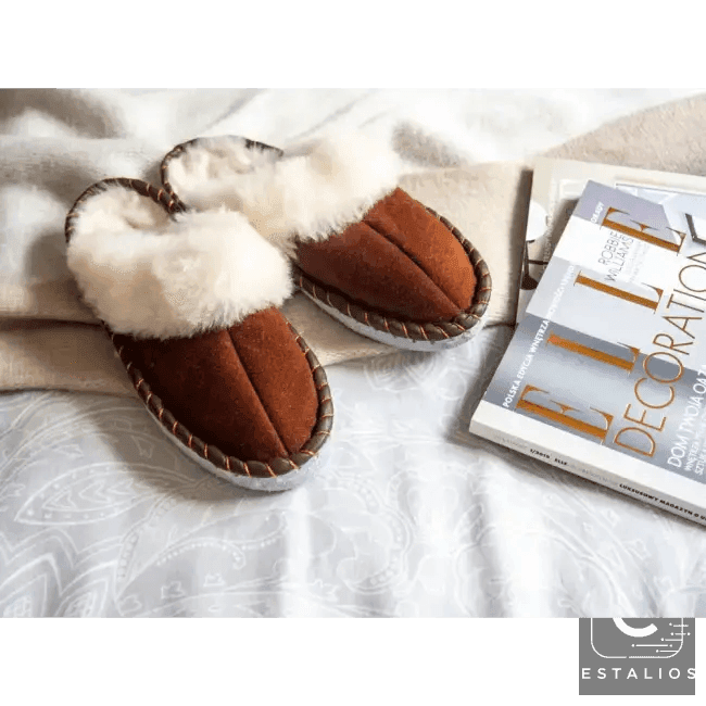 Cozy Chic Brown Suede Slippers with Plush White Fur Trim - Estalios