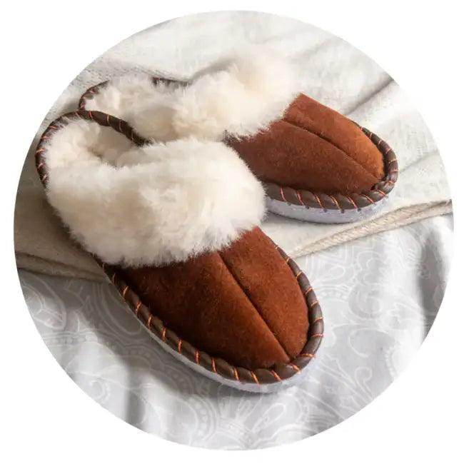 Cozy Chic Brown Suede Slippers with Plush White Fur Trim - Estalios