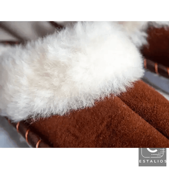 Cozy Chic Brown Suede Slippers with Plush White Fur Trim - Estalios