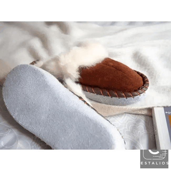 Cozy Chic Brown Suede Slippers with Plush White Fur Trim - Estalios