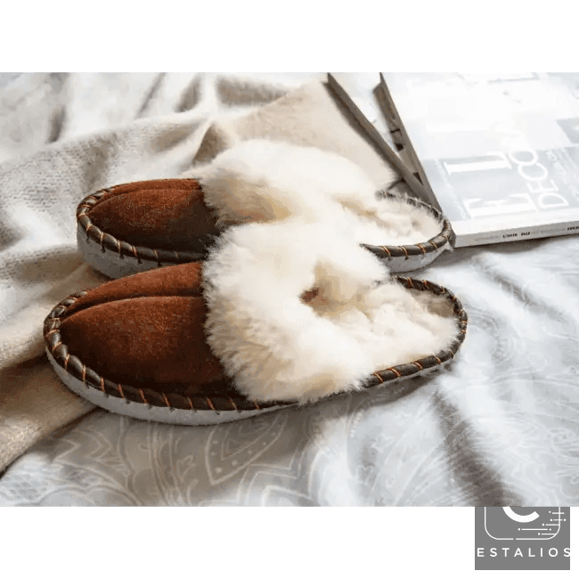 Cozy Chic Brown Suede Slippers with Plush White Fur Trim - Estalios