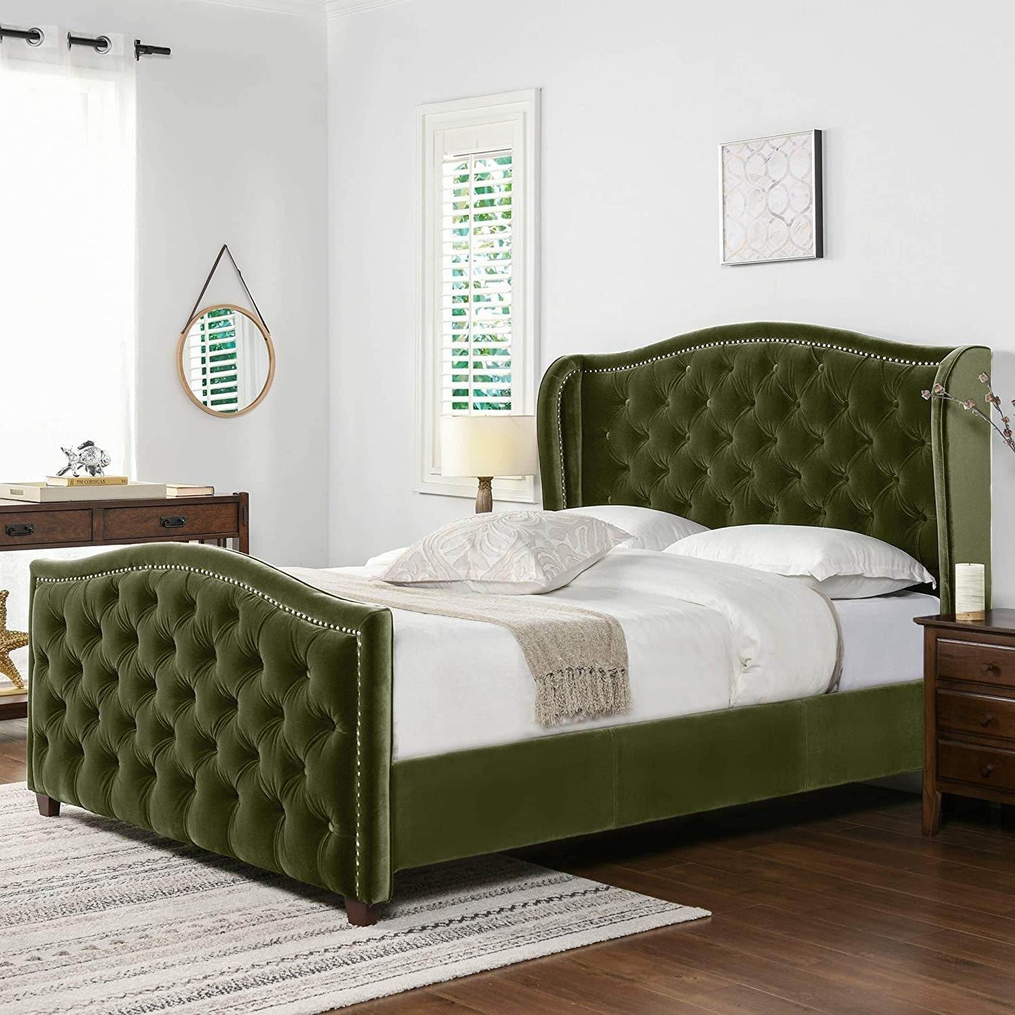 Marcella Upholstered Shelter Headboard Bed Set, Queen Size - Estalios