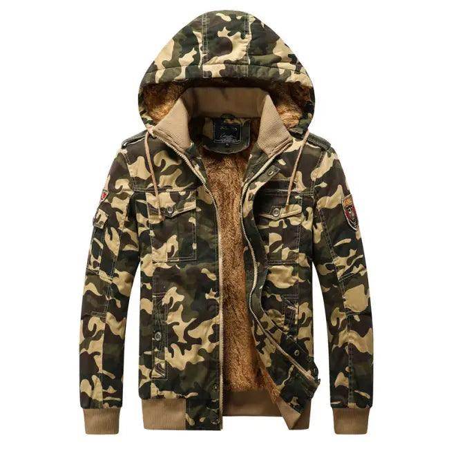 Dark Green Camouflage Hooded Jacket with Fur Lining - Estalios