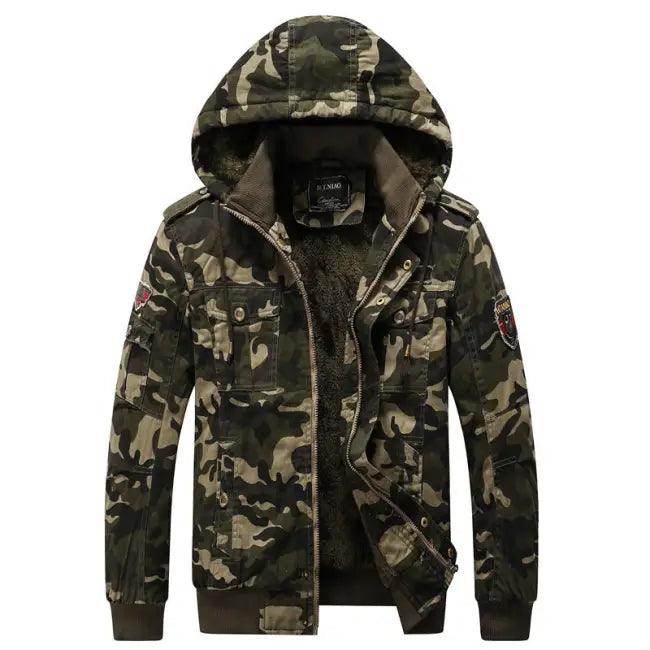 Dark Green Camouflage Hooded Jacket with Fur Lining - Estalios