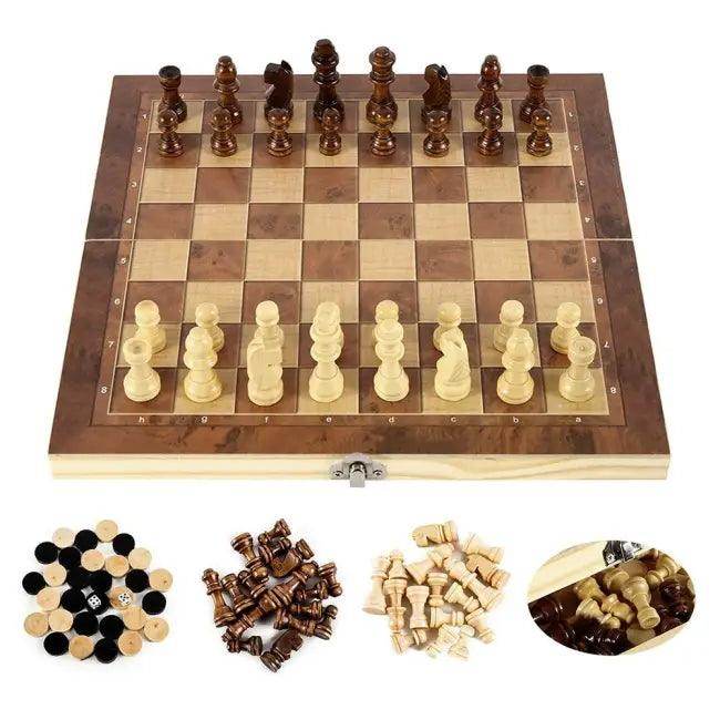 Dark Wooden Chess Set with Checkers for Travel Fun - Estalios