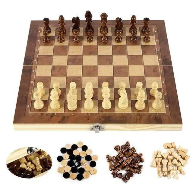Dark Wooden Chess Set with Checkers for Travel Fun - Estalios