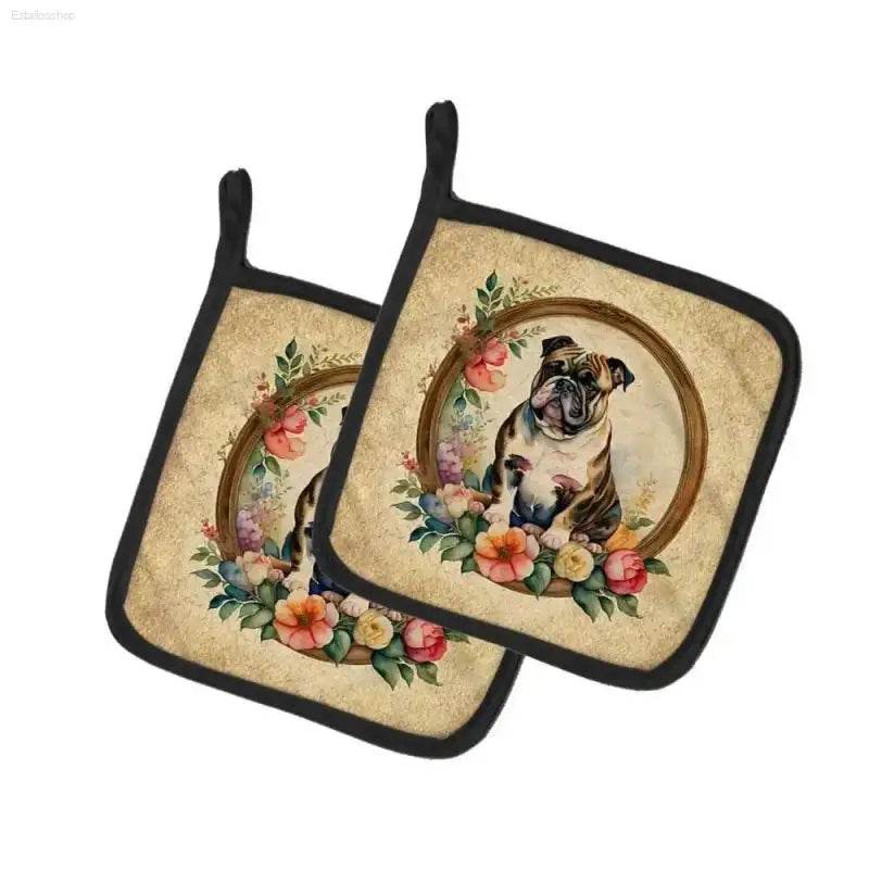 Doggy Floral Hot Pads Double the Fun! **product Description:** Spice Up your Kitchen with these Adorable Square Pot Holders Featuring a Charming Floral Dog Design! - Estalios