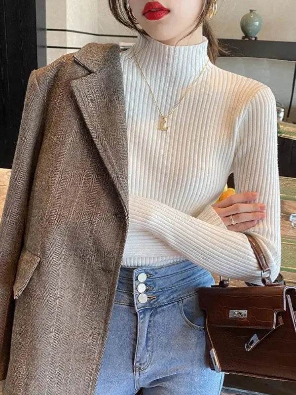 Elegant Solid Basic Knitted Turtleneck Sweater for Women - Estalios
