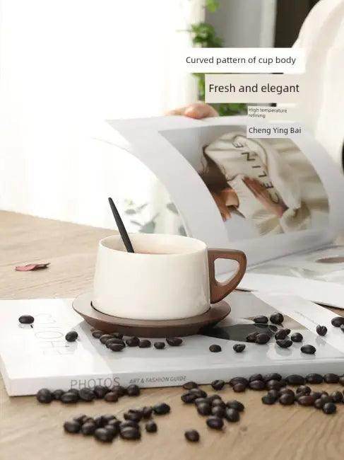 Sleek Ceramic Coffee Cup Set with Wooden Handle for Elegance - Estalios